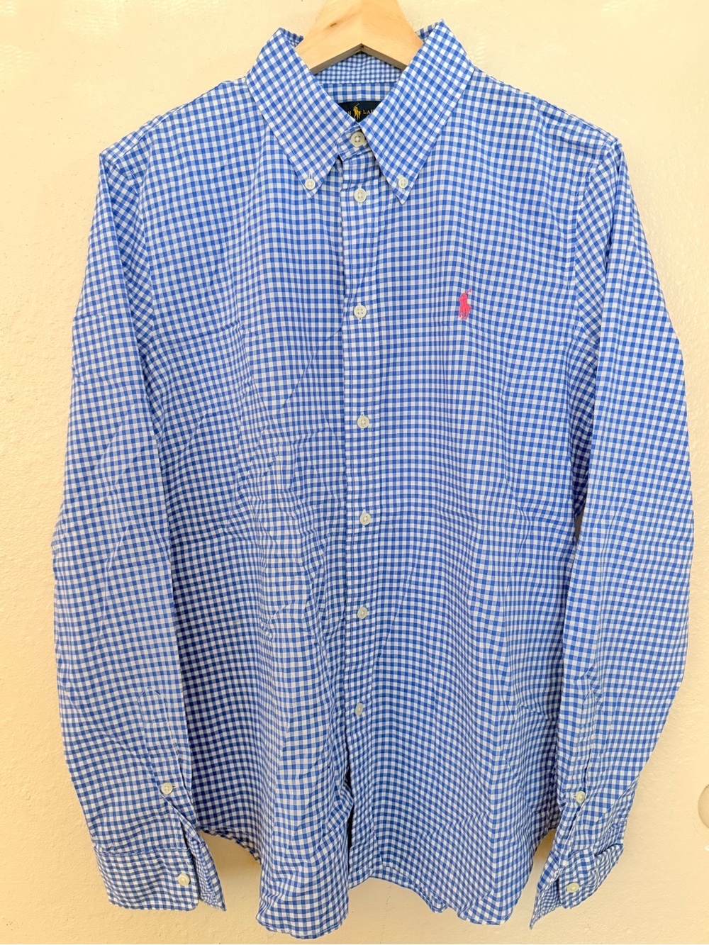 Ralph Lauren Blue White Gingham Button-Down Shirt with Pink Pony